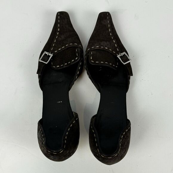 Prada Brown Suede D'Orsay Pumps Kitten Heels Buckle Pointed Toe Size 5.5 EU 35.5 - Picture 8 of 12